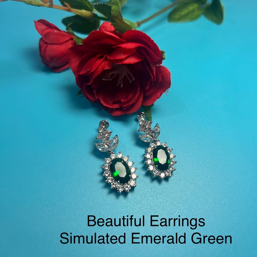 14k white gold plated simulated Emerald earrings